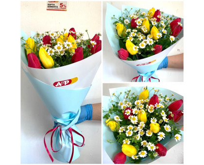 Bouquet of bright tulips and a field of daisies