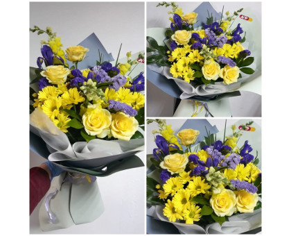 Stylish and bright bouquet in yellow and purple shades!