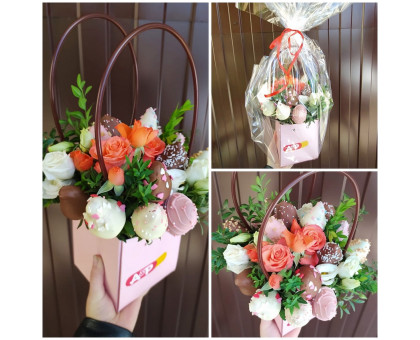 A compliment bouquet with chocolate-covered strawberries and flowers in your purse!