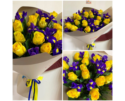 Bouquet of yellow roses and purple irises!