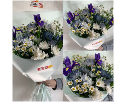 Spring bouquet of irises, chrysanthemums and spray chamomiles in blue shades!