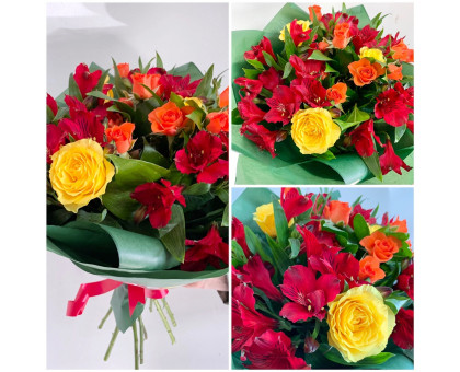 Bright bouquet of roses, alstroemeria and spray roses!