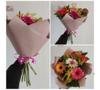 Spring frivolous bouquet with sunny mimosa and delicate gerberas!
