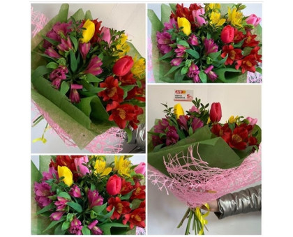 Bright bouquet of tulips and alstromeries!