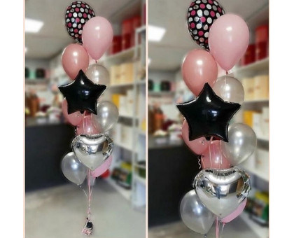 A waterfall from balls in pink and silver-black colors.